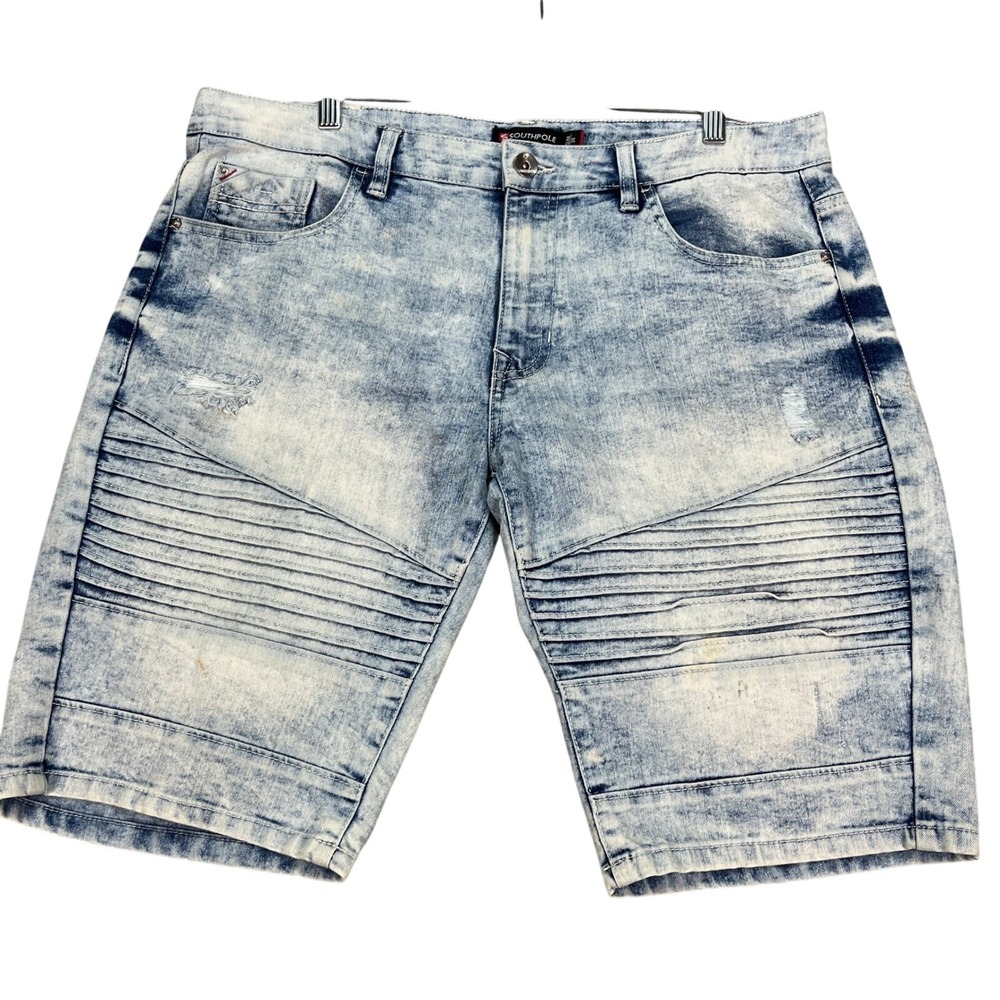 Southpole Mens Slim 34 Denim Shorts Blue Acid Wash Distressed Moto Casual